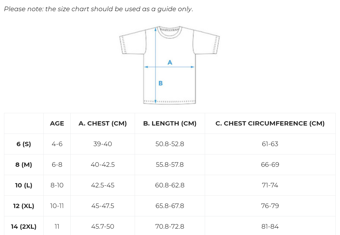 All Stars T-Shirt Size Chart – All Stars Cricket